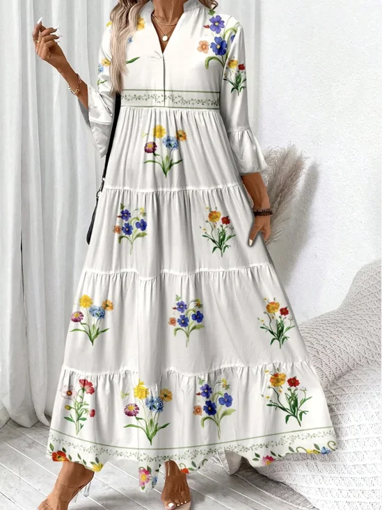 Femmes Floral Blanc Col V Confortable Robe Maxi Décontracté