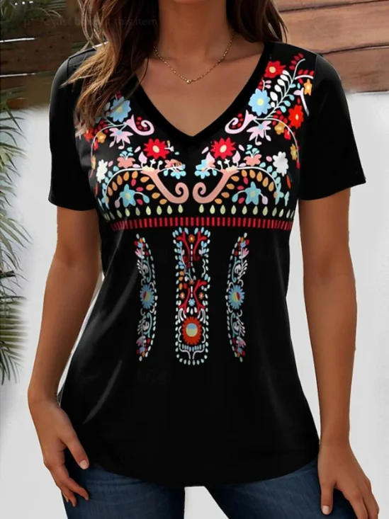 T-shirts Femmes Décontracté Floral Été Polyester Micro-élasticité Quotidien Coupe Régulière Manches Courtes Régulier