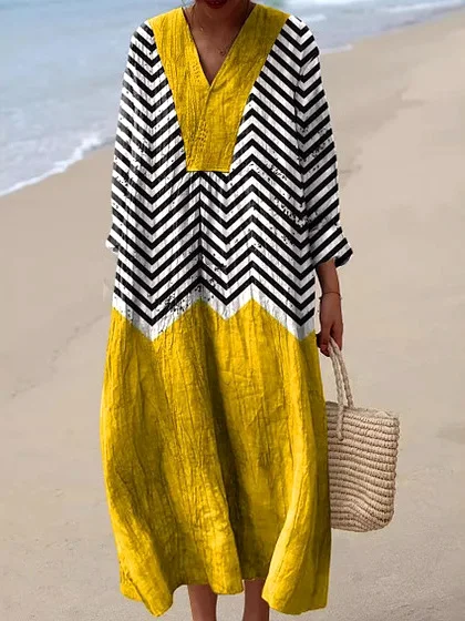 Femmes Rayé Jaune Col V Confortable Robe Maxi Décontracté
