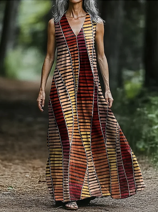 Femmes Géométrique Brun Col V Confortable Robe Maxi Décontracté