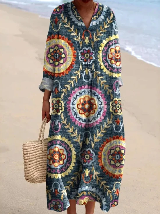 Femmes Floral Bleu Marine Col V Confortable Robe Maxi Décontracté