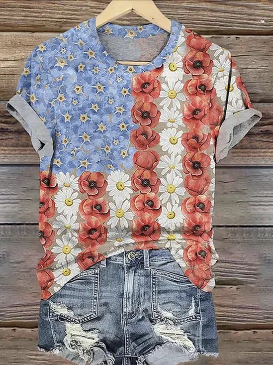 T-shirts Décontracté Floral Été Coton Micro-élasticité Quotidien Manches Courtes Col Rond Régulier pour Femmes