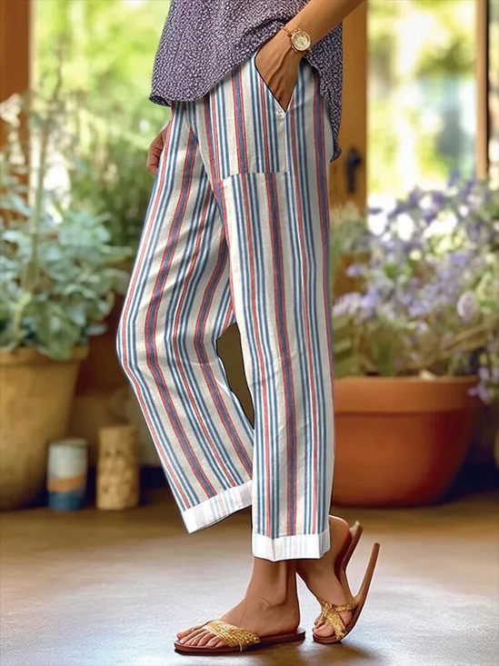 Pantalons Femmes Rayé Rue Printemps / Automne Naturel Aucune élasticité Ample Droit Régulier Pantalon baggy