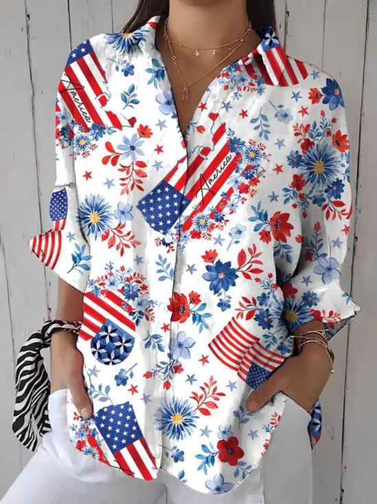 Chemises Décontracté Printemps / Automne Drapeau des États-Unis Coton Micro-élasticité Vacances Coupe Régulière Manches Longues Régulier pour Femmes