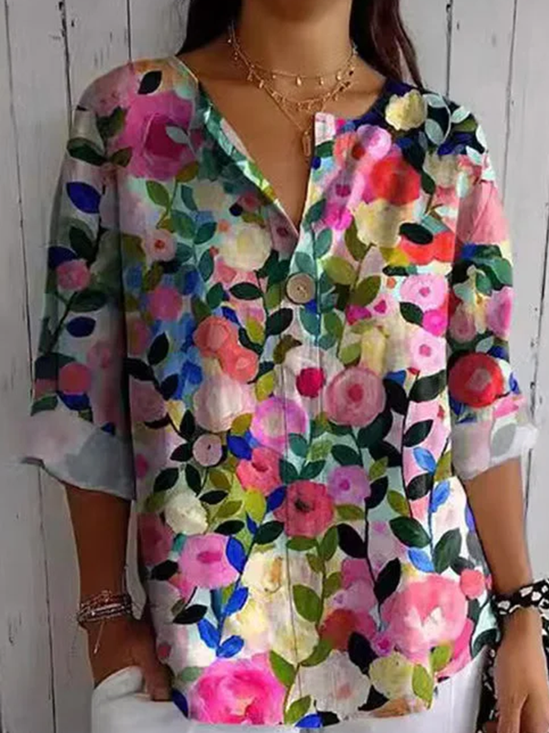 Blouses Décontracté Floral Printemps / Automne Coton Quotidien Ample Col Châle Régulier Régulier pour Femmes