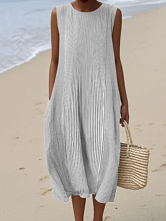 Femmes Rayé Blanc Col Rond Confortable Robe Maxi Décontracté