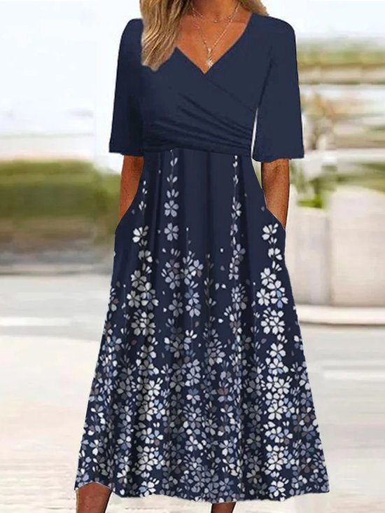 Femmes Ombre Bleu Col V Confortable Robe Maxi Rétro