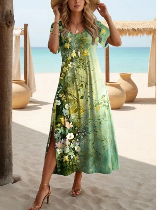 Femmes Floral Vert Col Rond Confortable Robe Maxi Rétro