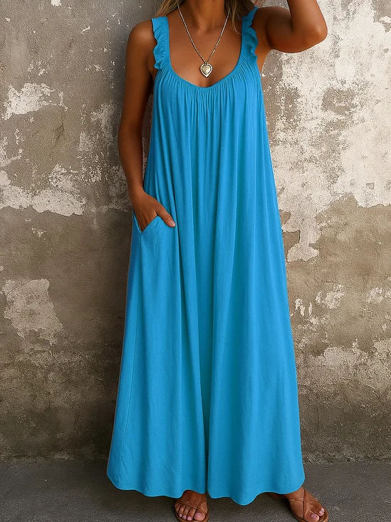 Femmes Plain Bleu à Bretelles Confortable Robe Maxi Décontracté