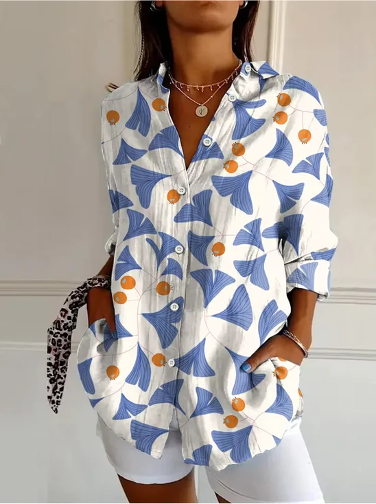 Chemises Décontracté Printemps / Automne Feuille Polyester Aucune élasticité Ample Droit Régulier Col de Chemise pour Femmes