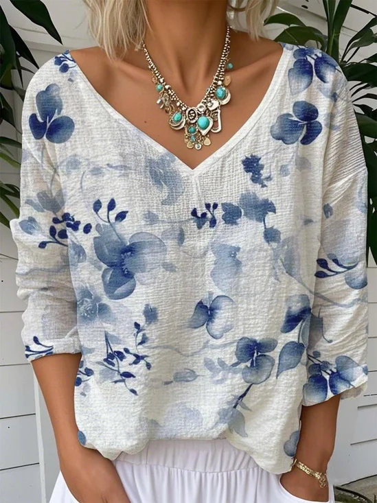 T-shirts Décontracté Floral Printemps / Automne Léger Aucune élasticité Vacances Ample Manches Longues Régulier pour Femmes