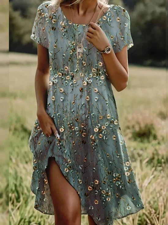 Femmes Floral Vert Col Rond Confortable Robe Mi-Longue Rétro