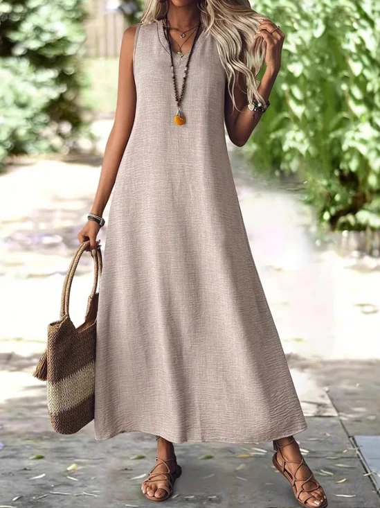 Femmes Plain Abricot Col V Confortable Robe Maxi Décontracté