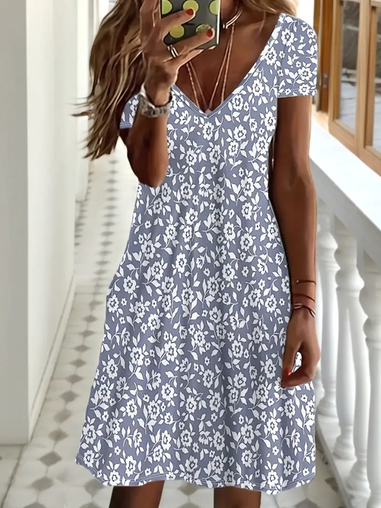 Femmes Floral Gris Col V Confortable Imprimé Robe Mi-Longue Décontracté