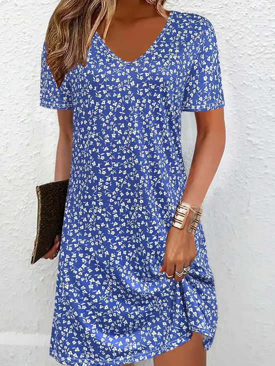 Femmes Floral Bleu Col V Confortable Imprimé Robe Mi-Longue Décontracté