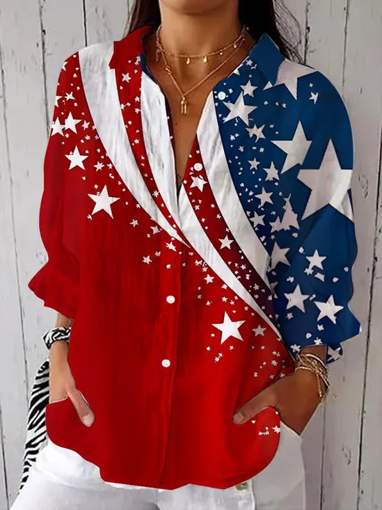 Chemises Décontracté Printemps / Automne Le jour de l'indépendance (Drapeau) Polyester Imprimé Aucune élasticité Manches trois quarts Régulier Col de Chemise pour Femmes
