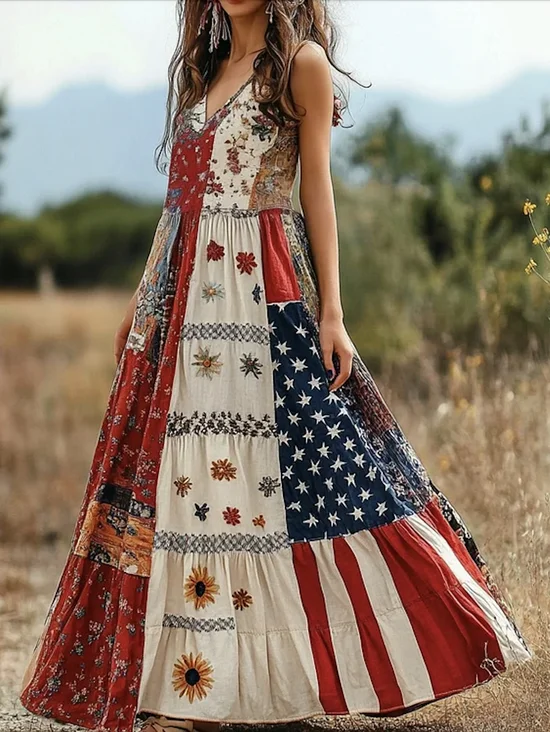 Femmes Floral Rouge Col V Confortable Robe Maxi Décontracté
