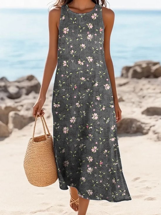 Femmes Floral Noir Col Rond Confortable Robe Maxi Décontracté