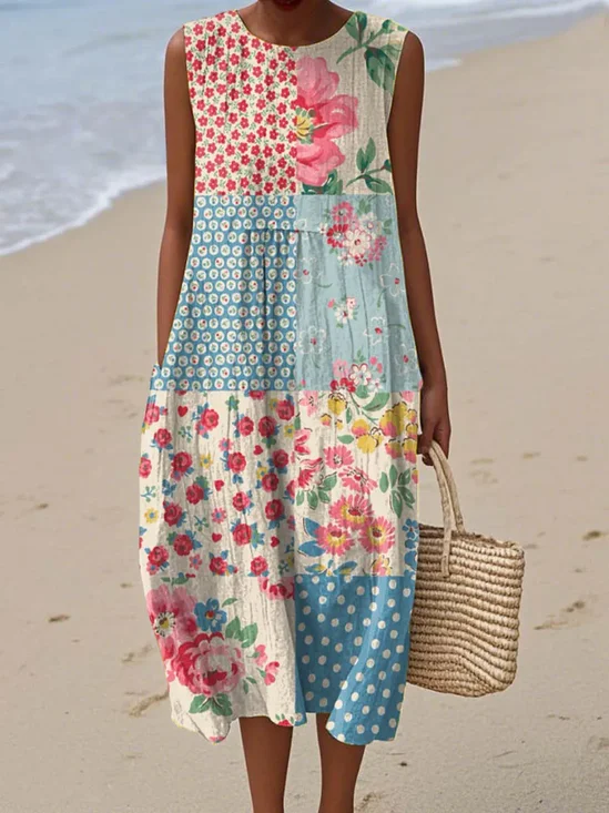 Femmes Floral Comme Image Col Rond Confortable Robe Maxi Décontracté