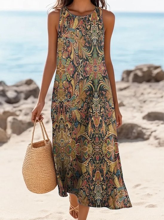 Femmes Floral Brun Col Rond Confortable Robe Maxi Décontracté