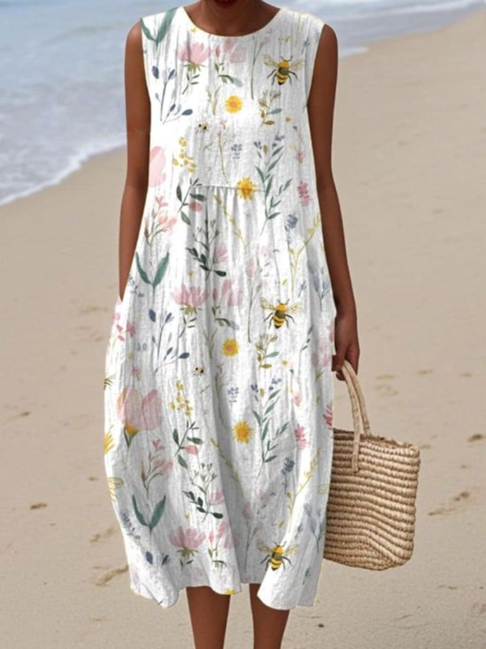 Femmes Floral Blanc Col Rond Confortable Robe Maxi Décontracté