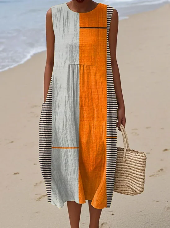 Femmes Rayé Comme Image Col Rond Confortable Robe Maxi Décontracté