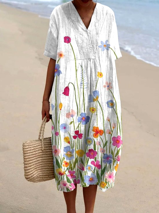 Femmes Floral Blanc Col V Confortable Robe Maxi Décontracté