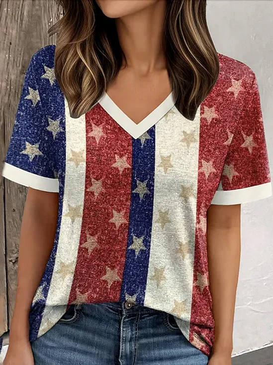 T-shirts Géométrique Décontracté Été Col V Quotidien Coupe Régulière Manches Courtes Trapèze Régulier pour Femmes