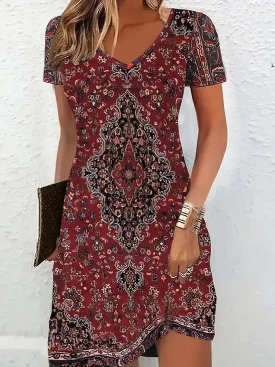 Femmes Floral Cramoisi Col V Confortable Imprimé Robe Mi-Longue Décontracté