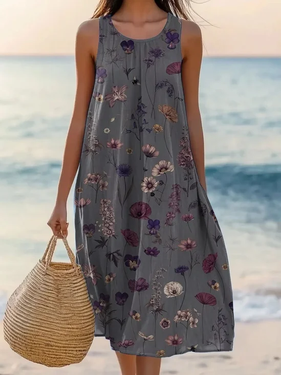 Femmes Floral Noir Col Rond Confortable Robe Mi-Longue Décontracté