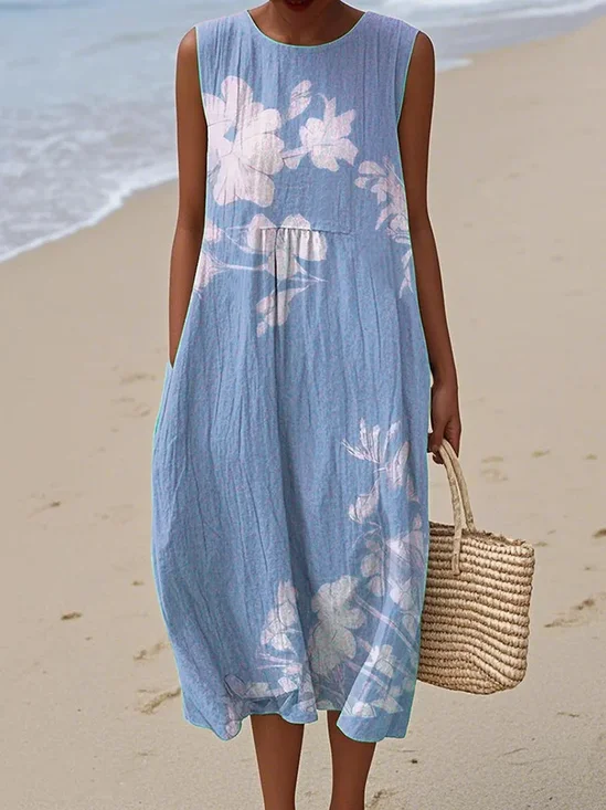 Femmes Floral Bleu Col Rond Confortable Robe Maxi Décontracté