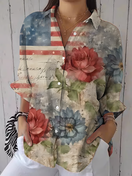 Chemises Décontracté Le jour de l'indépendance (Drapeau) Printemps / Automne Polyester Imprimé Aucune élasticité Quotidien Manches trois quarts Col de Chemise pour Femmes