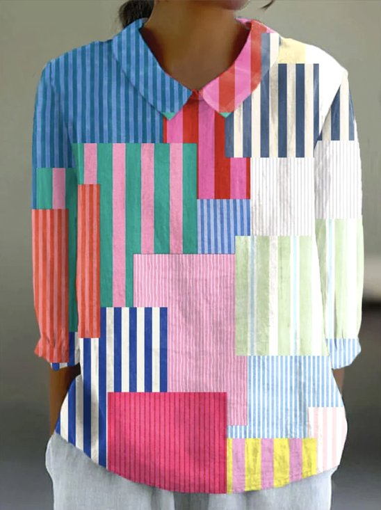 Chemises Femmes Géométrique Décontracté Printemps / Automne en Lin Micro-élasticité Coupe Régulière Manches Longues Régulier Col de Chemise