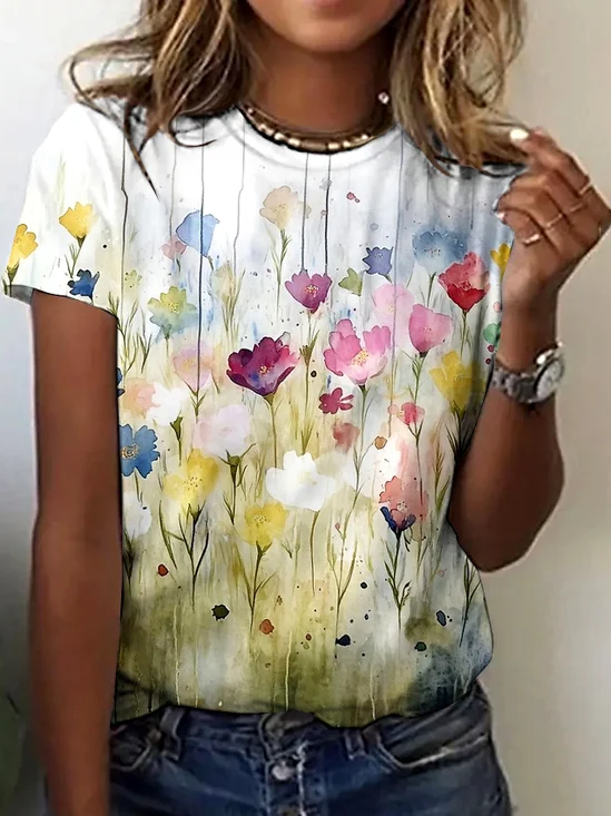 T-shirts Femmes Rétro Plain Été Polyester Quotidien Coupe Régulière Manches Courtes Régulier Régulier