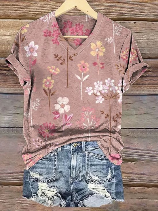 T-shirts Décontracté Floral Été Coton Col V Quotidien Coupe Régulière Manches Courtes Trapèze pour Femmes