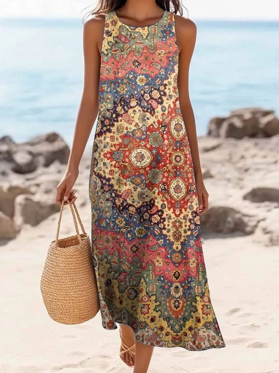 Femmes Floral Brun Col Rond Confortable Robe Maxi Décontracté