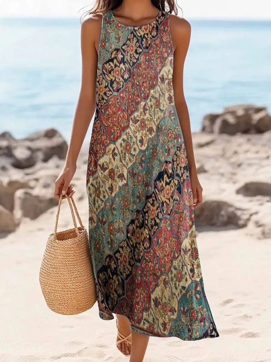Femmes Floral Brun Col Rond Confortable Robe Maxi Décontracté