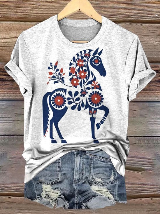 T-shirts Rétro La peinture Été Micro-élasticité Coupe Régulière Manches Courtes Col Rond Régulier Régulier pour Femmes