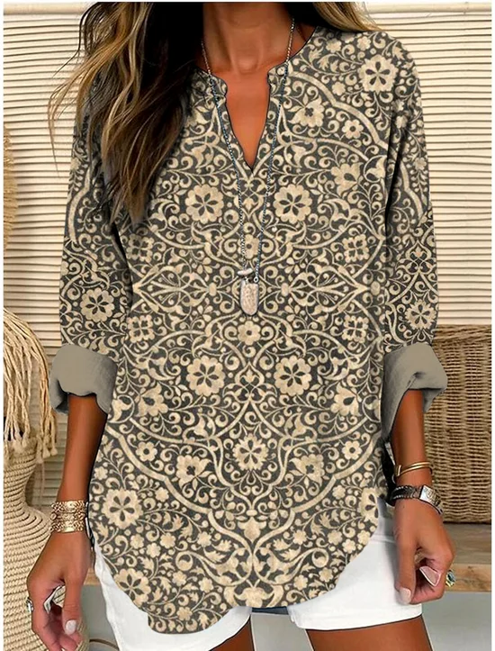 Chemises Géométrique Décontracté Printemps / Automne Polyester Col V Micro-élasticité Coupe Régulière Manches Longues Régulier pour Femmes