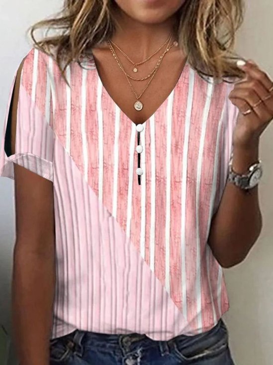 T-shirts Géométrique Décontracté Été Col V Micro-élasticité Coupe Régulière Régulier Droit Régulier pour Femmes