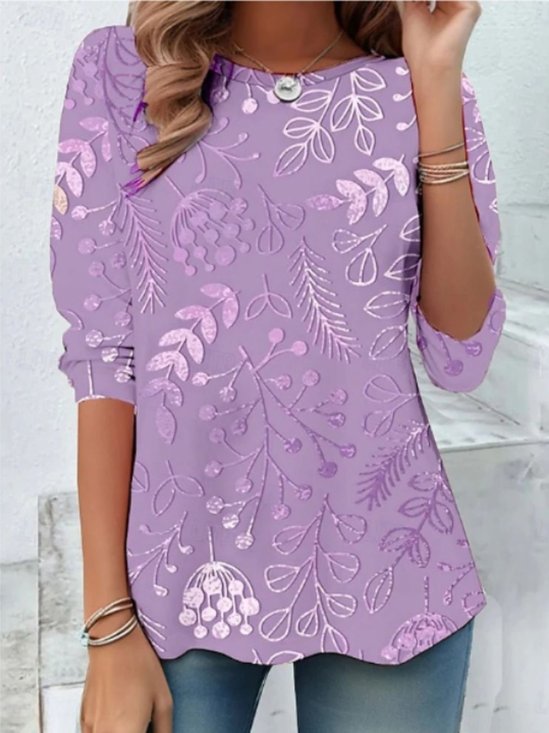 Chemises Femmes Décontracté Floral Printemps / Automne Coton Manches Longues Col Rond Régulier Trapèze Régulier
