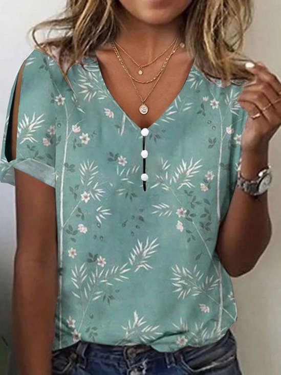 T-shirts Femmes Décontracté Été Plantes Coton Col V Micro-élasticité Coupe Régulière Régulier Droit