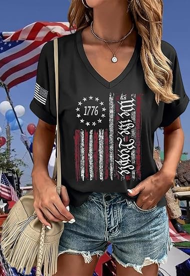 T-shirts Femmes Décontracté Été Drapeau des États-Unis Coton Col V Micro-élasticité Quotidien Coupe Régulière Régulier
