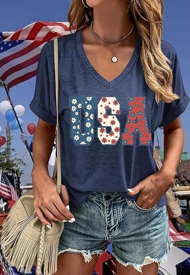 T-shirts Femmes Décontracté Été Drapeau des États-Unis Coton Micro-élasticité Coupe Régulière Manches Courtes Régulier Régulier