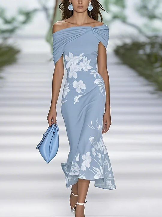 Femmes Floral Vert à Épaules Dénudées Confortable Imprimé Robe Maxi Rétro