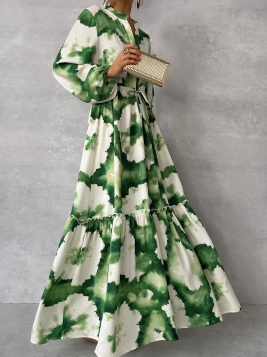 Femmes Floral Blanc-Vert Col V Confortable Robe Maxi Décontracté