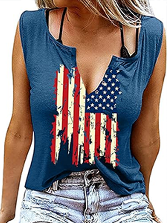 Top Débardeur Tops Décontracté Été Drapeau des États-Unis Coton Micro-élasticité Quotidien Sans Manches Entaillé Trapèze pour Femmes