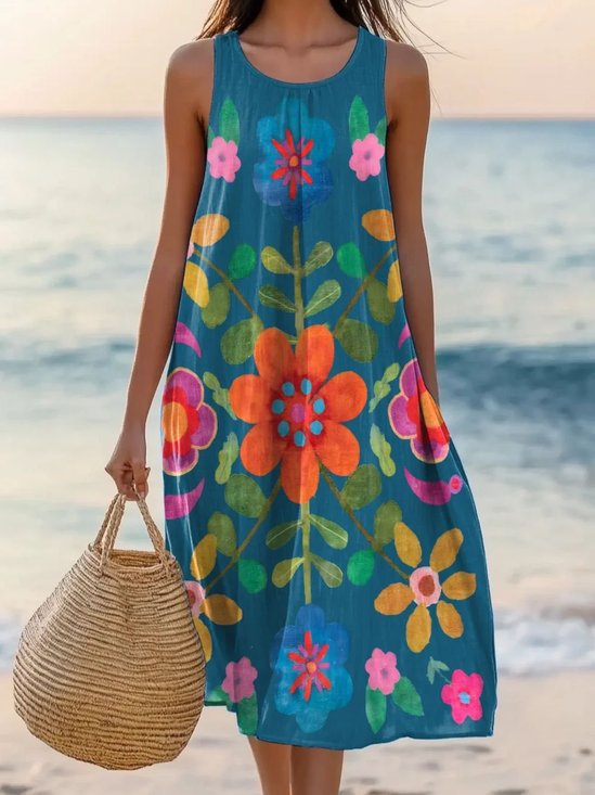 Femmes Floral Bleu Col Rond Confortable Robe Mi-Longue Décontracté