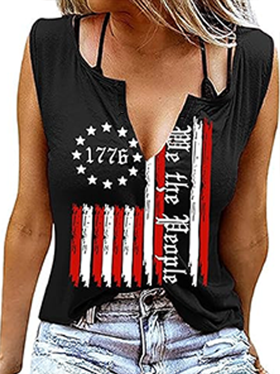 Top Débardeur Tops Décontracté Été Drapeau des États-Unis Coton Micro-élasticité Coupe Régulière Entaillé Régulier Régulier pour Femmes