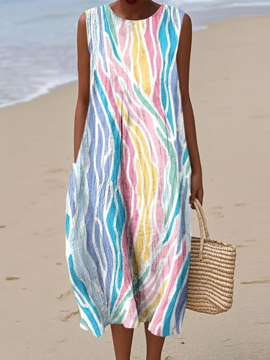 Femmes Géométrique Multicolore Col Rond Confortable Robe Maxi Décontracté